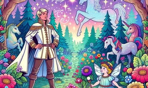 Une illustration destinée aux enfants représentant un prince charmant et courageux, se retrouvant face à une malédiction, accompagné d'une petite fée triste, dans une forêt enchantée pleine de fleurs multicolores, d'arbres majestueux et de licornes étincelantes.