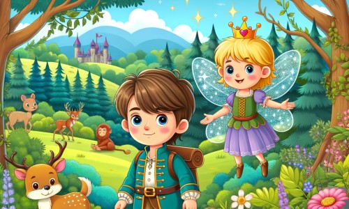 Une illustration destinée aux enfants représentant un jeune prince aventurier se retrouvant perdu dans une forêt enchantée, accompagné d'une fée étincelante, dans un paysage luxuriant avec des arbres majestueux, des fleurs colorées et des animaux curieux.