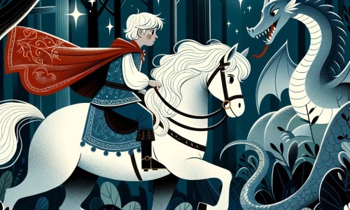 Une illustration destinée aux enfants représentant un jeune prince courageux, chevauchant son cheval blanc, à la recherche d'une mystérieuse sorcière dans une forêt sombre et enchantée, accompagné d'un dragon majestueux gardien d'une grotte scintillante.