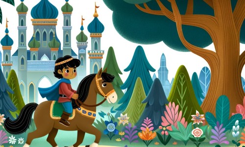 Une illustration destinée aux enfants représentant un jeune prince courageux, chevauchant son fidèle destrier, partant à l'aventure pour sauver une princesse captive, dans une forêt enchantée aux arbres majestueux et aux couleurs chatoyantes.