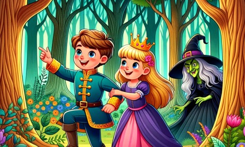 Une illustration destinée aux enfants représentant un jeune prince têtu, se retrouvant sous le charme d'un sortilège, accompagné d'une petite fille bienveillante, dans une forêt enchantée aux arbres majestueux et aux fleurs multicolores, où se cache une sorcière malicieuse.
