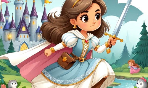 Une illustration pour enfants représentant une princesse courageuse et déterminée, se lançant dans une quête périlleuse pour sauver son royaume enchanté.