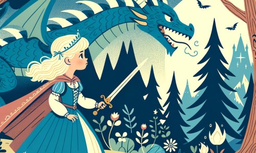 Une illustration destinée aux enfants représentant une jeune princesse courageuse se trouvant dans une forêt enchantée, accompagnée d'un dragon majestueux, dans le royaume lointain où elle cherche à prouver sa valeur.