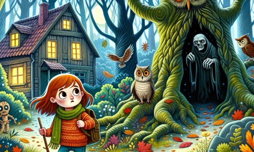 Une illustration pour enfants représentant une petite fille courageuse explorant une maison abandonnée et effrayante dans la forêt.