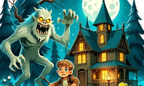 Une illustration destinée aux enfants représentant un petit garçon courageux, plongé dans une aventure effrayante avec l'aide d'un mystérieux mort-vivant, dans une grande maison ancienne entourée d'arbres majestueux et d'une lune brillante.