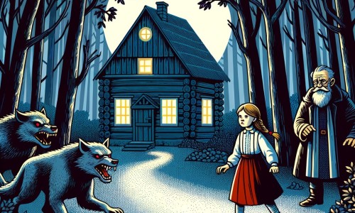 Une illustration destinée aux enfants représentant une petite fille courageuse, se retrouvant confrontée à des loups-garous effrayants, accompagnée d'un mystérieux vieil homme, dans une maison en bois au bord d'une forêt sombre et mystique.