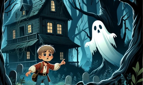 Une illustration destinée aux enfants représentant un petit garçon courageux, explorant une maison abandonnée hantée par un fantôme triste, au cœur d'une forêt sombre et mystérieuse, où les arbres semblent se pencher vers lui avec curiosité.