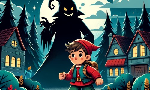 Une illustration destinée aux enfants représentant un petit garçon courageux, confronté à des contes effrayants, accompagné d'un mystérieux personnage, dans un village perché au sommet d'une colline, entouré d'une forêt sombre et mystique.
