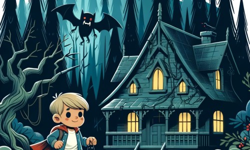 Une illustration destinée aux enfants représentant un petit garçon courageux, explorant une maison abandonnée hantée par un vampire mystérieux, située au cœur d'une forêt sombre et dense, avec des arbres immenses et des buissons épais.
