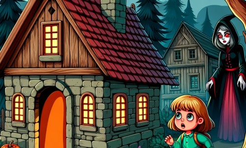 Une illustration destinée aux enfants représentant une petite fille intrépide et curieuse, découvrant un passage secret dans une vieille maison hantée, accompagnée d'une mystérieuse femme aux yeux rouges, dans un village au bord de la forêt où les arbres majestueux se dressent comme des gardiens silencieux.