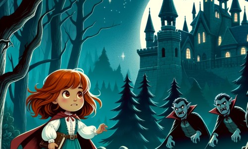 Une illustration destinée aux enfants représentant une petite fille courageuse et téméraire, se retrouvant confrontée à des vampires dans un château sinistre et abandonné, au cœur d'une forêt mystérieuse où les arbres semblent danser au clair de lune.