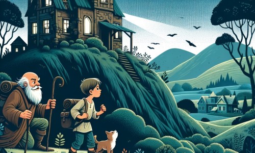 Une illustration destinée aux enfants représentant un petit garçon courageux, explorant une maison délabrée et mystérieuse au sommet d'une colline sombre, en compagnie d'un vieil homme barbu, dans un village paisible entouré de paysages verdoyants.