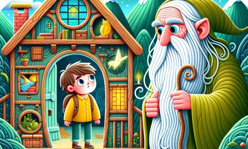 Une illustration pour enfants représentant un petit garçon curieux qui découvre une maison pleine de paradoxes au milieu d'une forêt mystérieuse.