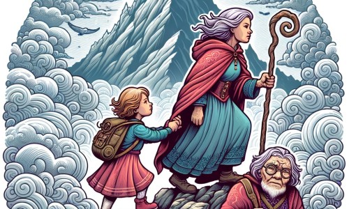 Une illustration pour enfants représentant une petite fille aventurière qui rencontre une vieille dame dans les montagnes magiques où les rêves se réalisent.