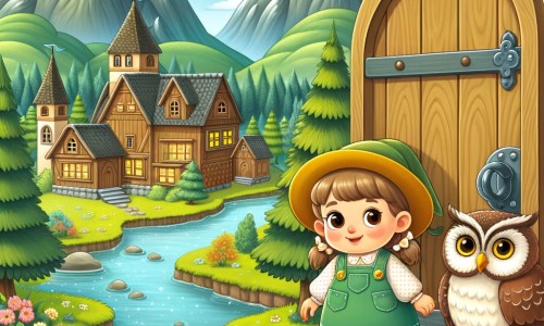 Une illustration destinée aux enfants représentant une petite fille curieuse, se tenant devant une imposante porte en bois, accompagnée d'une chouette sage, dans un village pittoresque entouré de montagnes verdoyantes et d'une rivière scintillante.