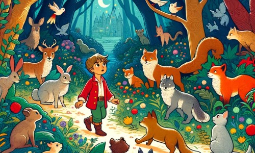 Une illustration destinée aux enfants représentant un petit garçon curieux se promenant dans une forêt enchantée, accompagné d'animaux parlants, à la recherche de vérités cachées.