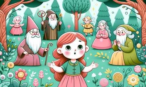Une illustration destinée aux enfants représentant une petite fille curieuse et émerveillée, entourée de personnages sages et mystérieux, dans un parc verdoyant où les fleurs dansent et les arbres murmurent leurs secrets.