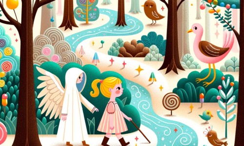Une illustration pour enfants représentant une petite fille curieuse se promenant dans la forêt, rencontrant une créature étrange et explorant des mondes imaginaires pleins de paradoxes et de vérités cachées.