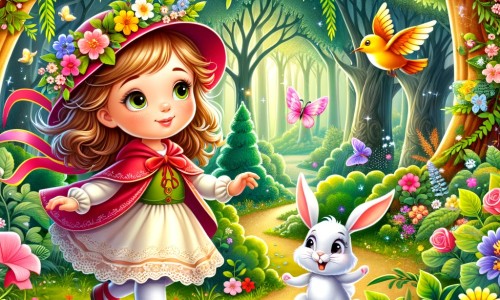 Une illustration destinée aux enfants représentant une petite fille curieuse et pleine de vie, se promenant dans une forêt enchantée, accompagnée d'un lapin blanc qui parle, au milieu des arbres majestueux, des fleurs colorées et des oiseaux chantants.