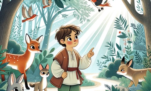 Une illustration destinée aux enfants représentant un petit garçon égaré, cherchant son chemin dans une forêt enchantée, accompagné de ses amis animaux, à la lueur douce d'un rayon de soleil filtrant à travers les feuilles.