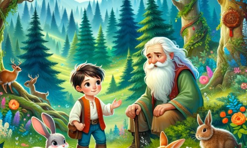 Une illustration pour enfants représentant un petit garçon explorant une forêt magique remplie de sagesse et de leçons philosophiques.