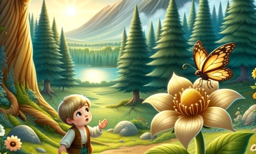 Une illustration pour enfants représentant un petit garçon curieux et passionné par la nature, qui se promène dans une forêt mystérieuse où il découvre des merveilles insoupçonnées.