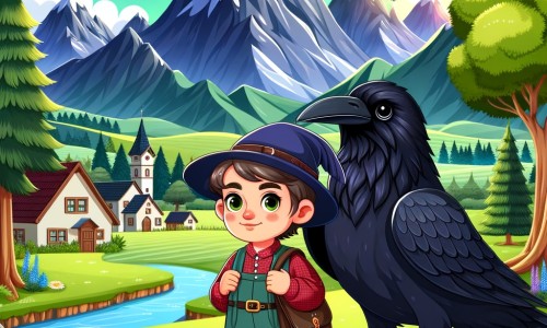 Une illustration pour enfants représentant un petit garçon curieux et rêveur, se lançant dans un voyage à travers les montagnes de la sagesse pour trouver la clé du savoir, dans un village paisible.