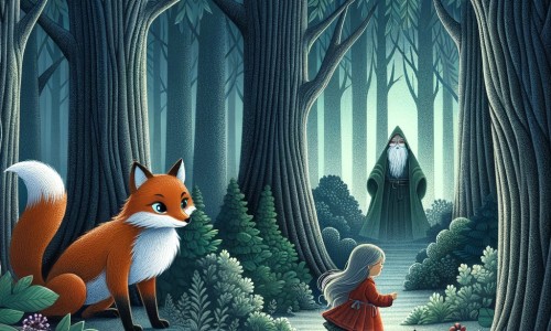 Une illustration destinée aux enfants représentant une petite fille perdue dans une forêt sombre et mystérieuse, accompagnée d'un renard sage, dans un décor luxuriant où les arbres majestueux se dressent fièrement, cachant des secrets et des merveilles.