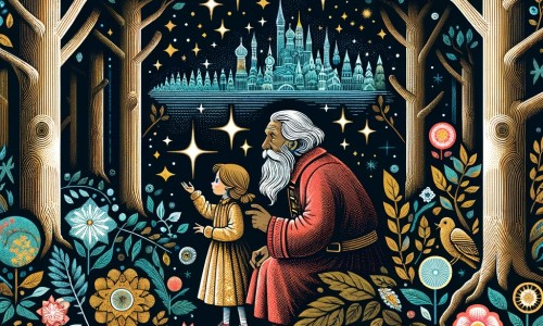 Une illustration pour enfants représentant une petite fille perdue dans une forêt mystérieuse, cherchant à comprendre le monde qui l'entoure.