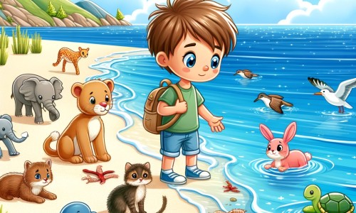 Une illustration destinée aux enfants représentant un petit garçon curieux et bienveillant, qui rencontre différents animaux blessés et découvre la beauté de la nature, sur une plage de sable chaud bordée d'un océan bleu étincelant.