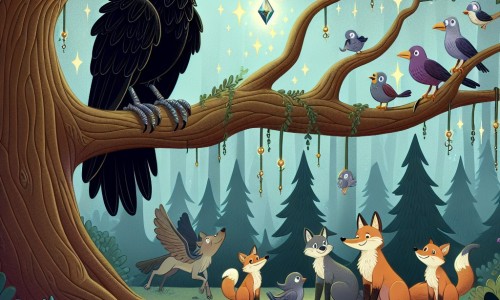 Une illustration destinée aux enfants représentant un corbeau solitaire, perché sur une branche d'un majestueux chêne dans une forêt enchantée, observant tristement les autres animaux s'amuser ensemble, jusqu'à ce qu'il découvre un joyau magique qui changera sa vie à jamais.