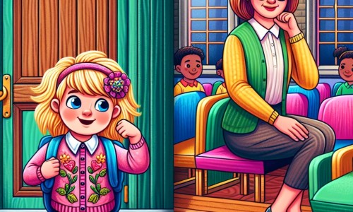 Une illustration destinée aux enfants représentant une petite fille aux cheveux blonds, pleine de courage, qui surmonte ses peurs et découvre sa confiance en elle lors de son premier jour d'école, accompagnée d'une maman aimante, dans une école colorée avec une grande porte en bois et des chaises colorées en cercle.