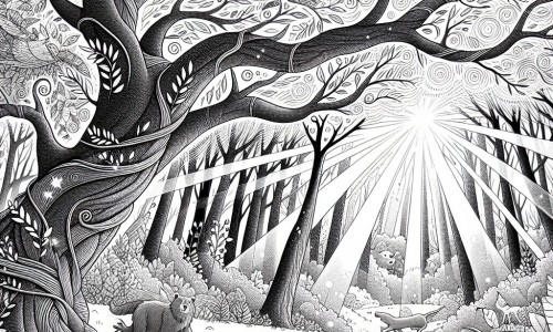 Une illustration destinée aux enfants représentant un chat curieux et aventurier, accompagné d'un groupe d'animaux, dans une forêt enchantée où les arbres majestueux se dressent vers le ciel, leurs branches dansant avec grâce au rythme du vent, et les rayons du soleil se faufilant à travers le feuillage, créant un jeu de lumière magique.