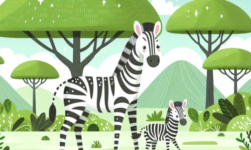 Une illustration destinée aux enfants représentant une majestueuse créature aux longues jambes et au pelage tacheté, accompagnée d'un jeune zèbre, dans une savane verdoyante parsemée d'immenses arbres et de rivières scintillantes.
