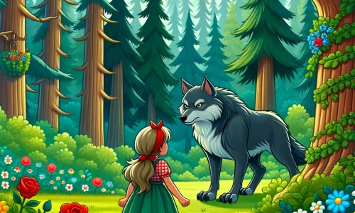 Une illustration destinée aux enfants représentant une petite fille courageuse, affrontant un grand méchant loup dans une forêt dense et verdoyante, avec des arbres majestueux et des fleurs colorées.