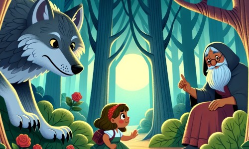 Une illustration destinée aux enfants représentant une petite fille courageuse, une forêt mystérieuse où se cache un grand méchant loup, et un sage qui lui donne des conseils.