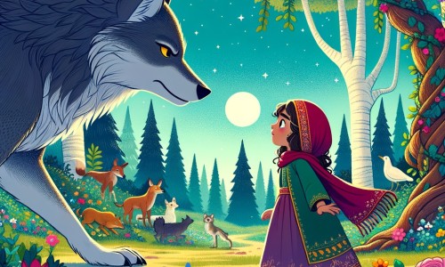 Une illustration destinée aux enfants représentant une petite fille courageuse, confrontée au grand méchant loup, dans une forêt enchantée remplie d'arbres majestueux, de fleurs colorées et de petits animaux curieux.