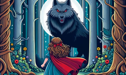 Une illustration destinée aux enfants représentant une petite fille courageuse, se tenant face à un grand méchant loup, dans une sombre forêt enchantée bordée d'arbres majestueux et de fleurs colorées.