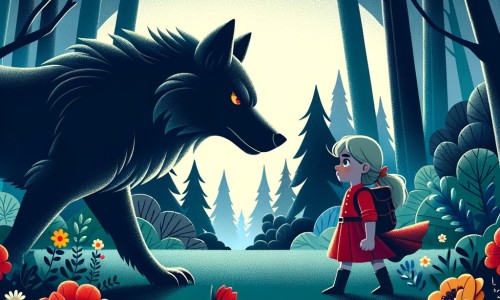 Une illustration destinée aux enfants représentant une petite fille courageuse, se tenant face à un grand méchant loup, dans une sombre forêt remplie d'arbres majestueux et de fleurs colorées.