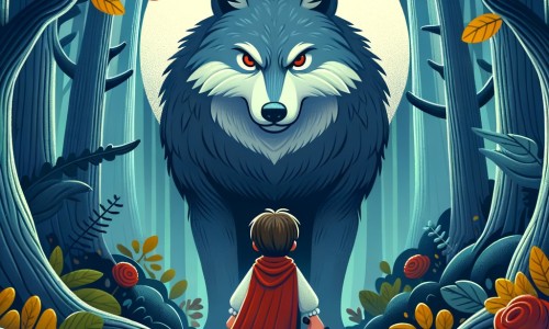 Une illustration destinée aux enfants représentant un petit garçon courageux, se tenant face à un grand méchant loup, dans une forêt sombre et mystérieuse remplie d'arbres majestueux et de feuilles colorées.