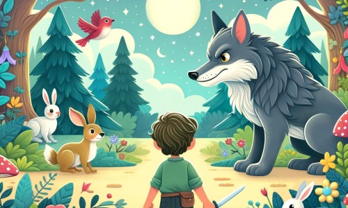 Une illustration destinée aux enfants représentant un petit garçon courageux, confronté à un grand méchant loup dans une forêt enchantée remplie d'arbres majestueux, d'oiseaux colorés et de lapins malicieux.
