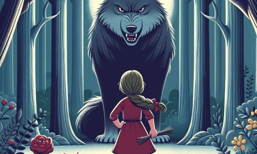 Une illustration destinée aux enfants représentant une petite fille courageuse, se tenant face à un grand méchant loup, dans une sombre forêt remplie d'arbres majestueux et de buissons fleuris.