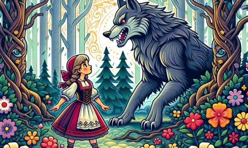 Une illustration destinée aux enfants représentant une petite fille courageuse se tenant face à un grand méchant loup, dans une forêt enchantée aux arbres majestueux et aux fleurs multicolores.