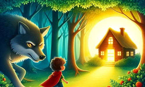 Une illustration destinée aux enfants représentant un petit garçon courageux, confronté à un grand méchant loup, dans une forêt mystérieuse avec une clairière ensoleillée abritant une petite maison en bois.