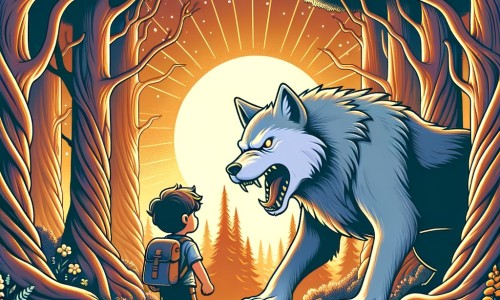 Une illustration destinée aux enfants représentant un petit garçon courageux se tenant face à un grand méchant loup, dans une forêt enchantée aux arbres majestueux, illuminée par les rayons dorés du soleil couchant.