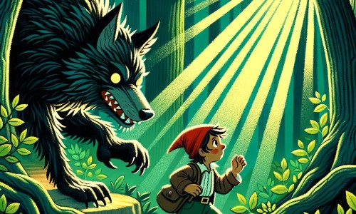 Une illustration pour enfants représentant un petit garçon courageux qui joue dans la forêt dangereuse, où il rencontre le grand méchant loup.