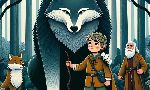 Une illustration destinée aux enfants représentant un petit garçon courageux, face à un grand méchant loup, dans une forêt dense et mystérieuse, accompagné d'un berger bienveillant.