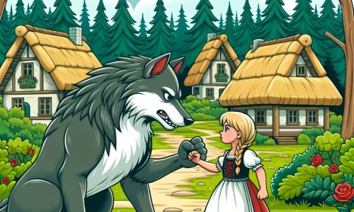 Une illustration destinée aux enfants représentant une petite fille courageuse se tenant face à un grand méchant loup, dans un village paisible bordé d'adorables maisons aux toits de chaume, entouré d'une dense forêt verdoyante.