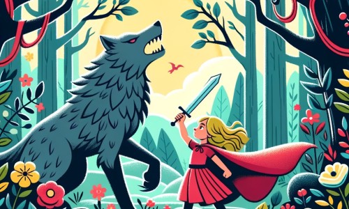 Une illustration destinée aux enfants représentant une petite fille courageuse, se retrouvant face à un grand méchant loup, dans une forêt enchantée remplie de fleurs colorées et d'arbres majestueux.
