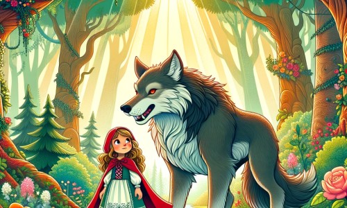 Une illustration destinée aux enfants représentant une petite fille courageuse, accompagnée d'un grand méchant loup affamé, se trouvant dans une forêt enchantée remplie d'arbres majestueux, de fleurs colorées et de rayons de soleil qui filtrent à travers le feuillage.